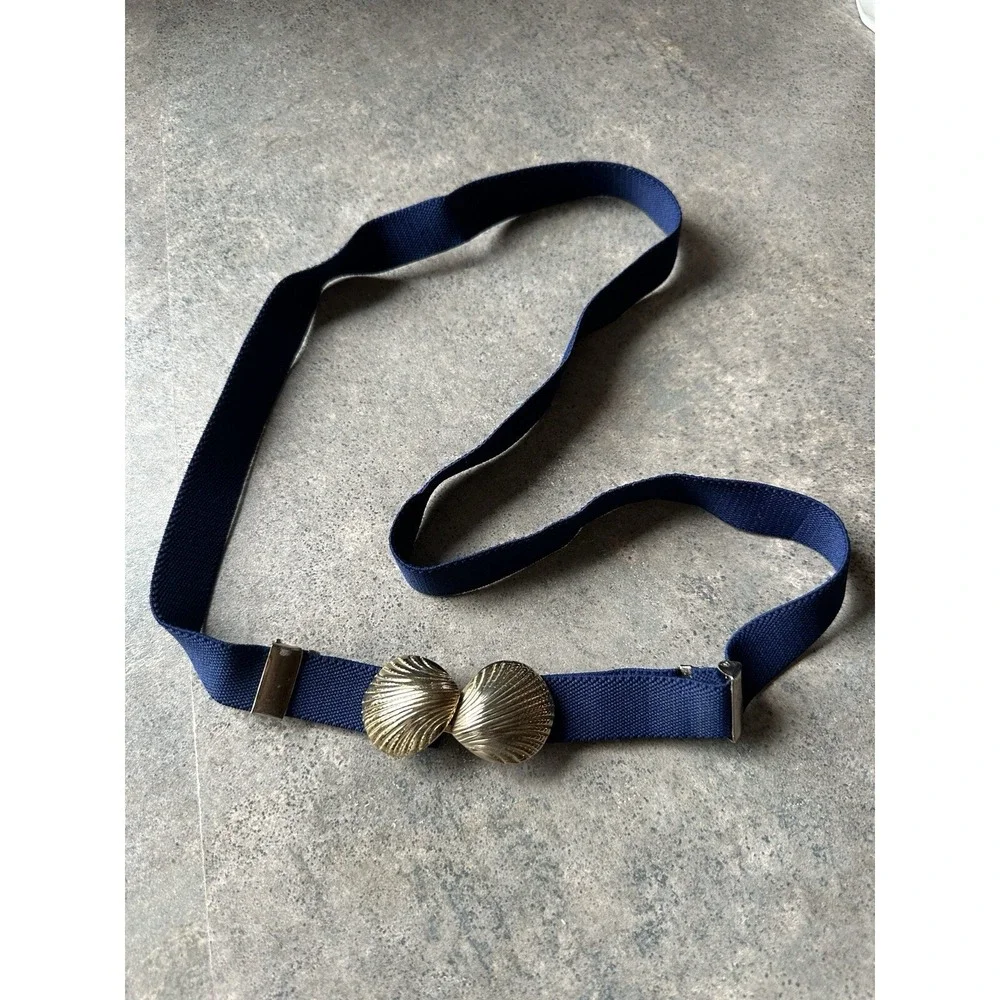 VIntage 80's Elastic Stretch Waist Belt Metal SeaShell Buckle Navy Nautical‎